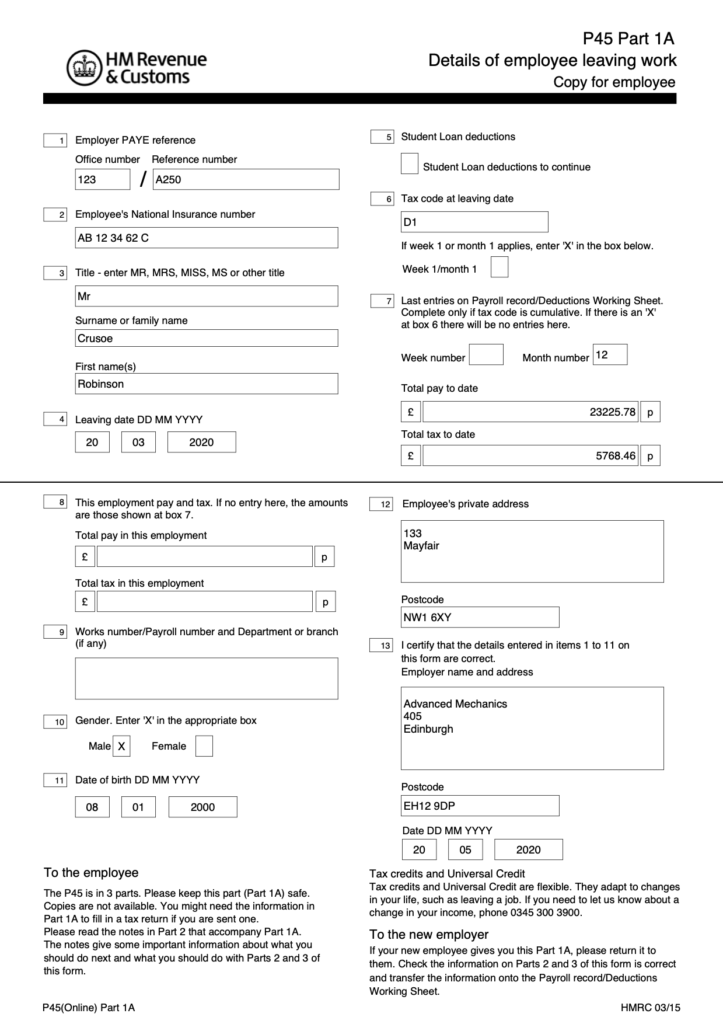 P45 leaver form from payroll service